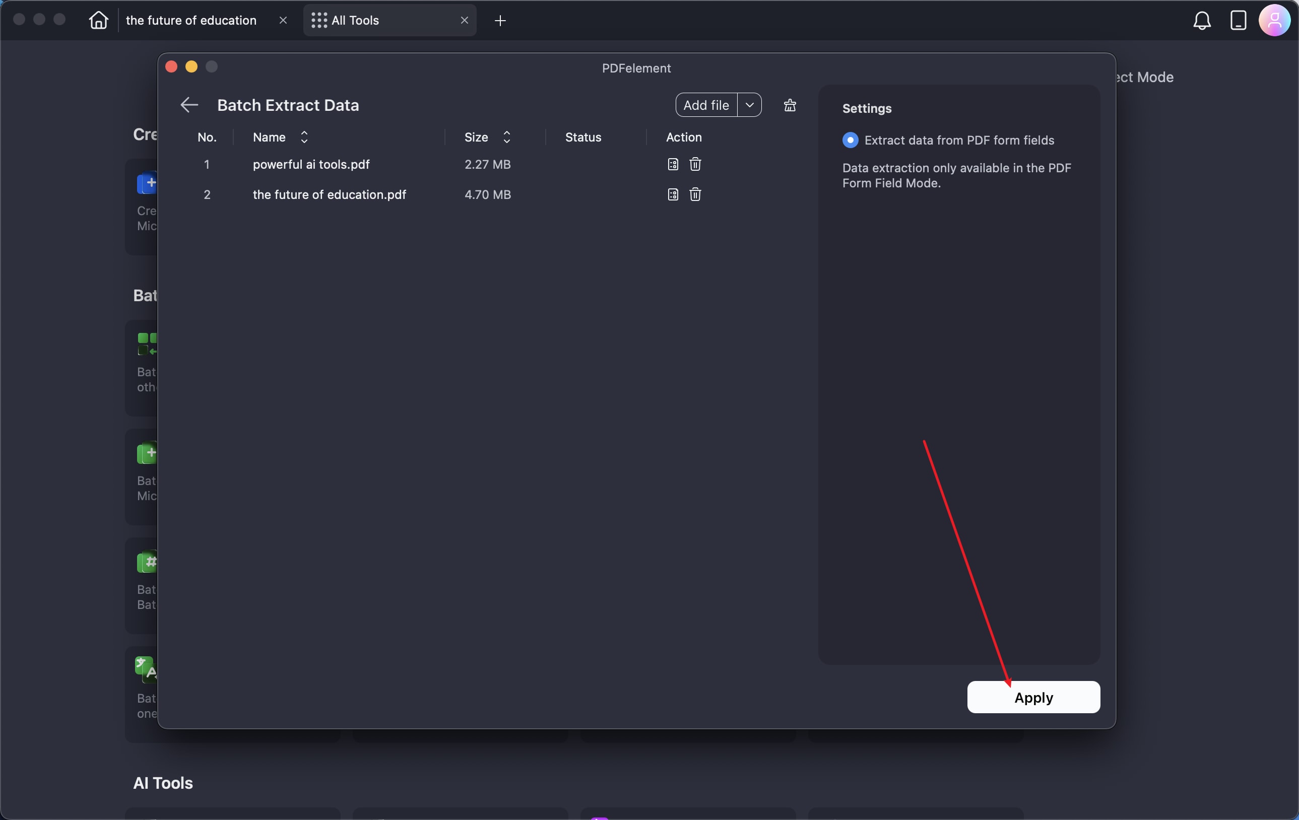 A screenshot showing extracted data applied.