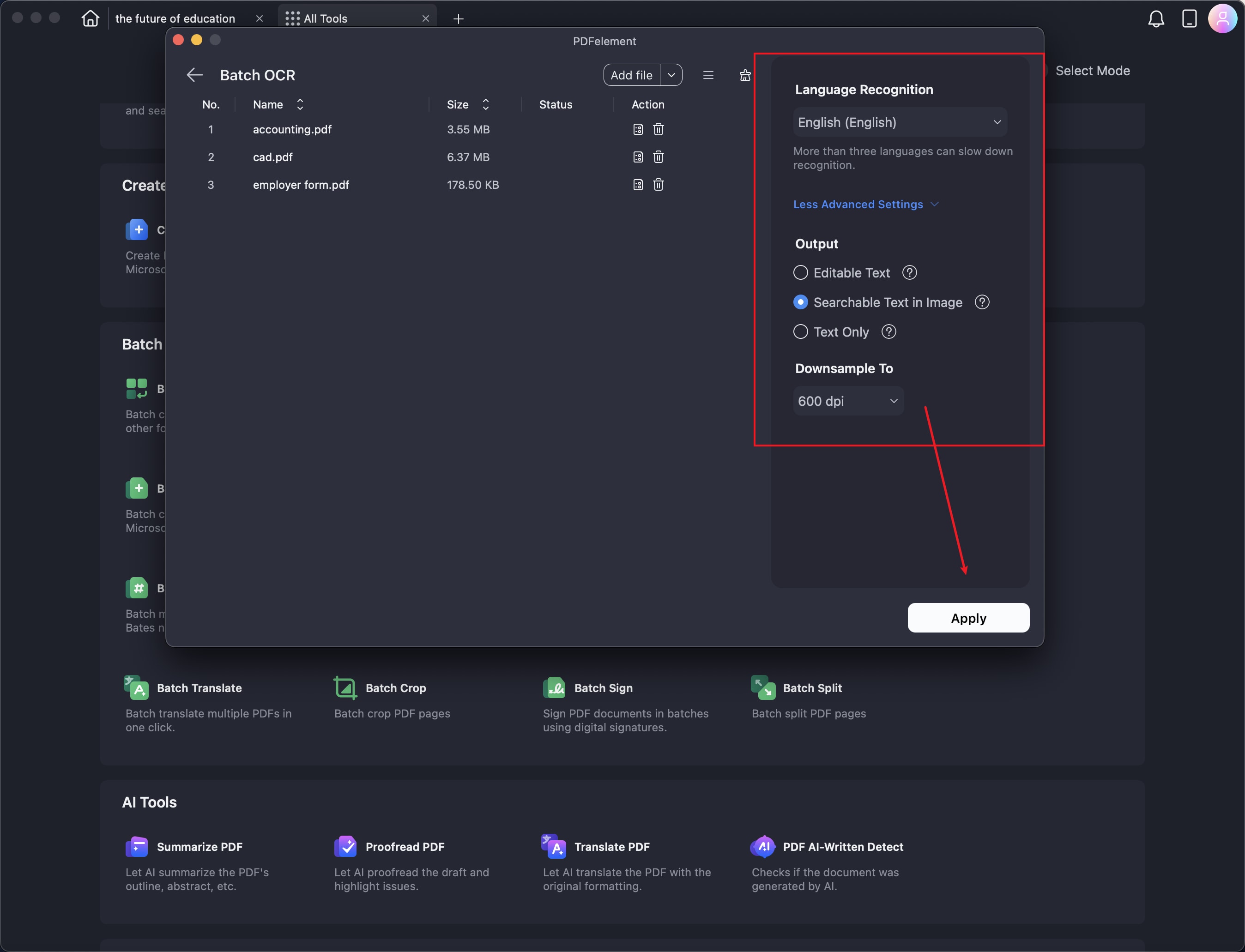 A screenshot of the batch OCR settings panel.