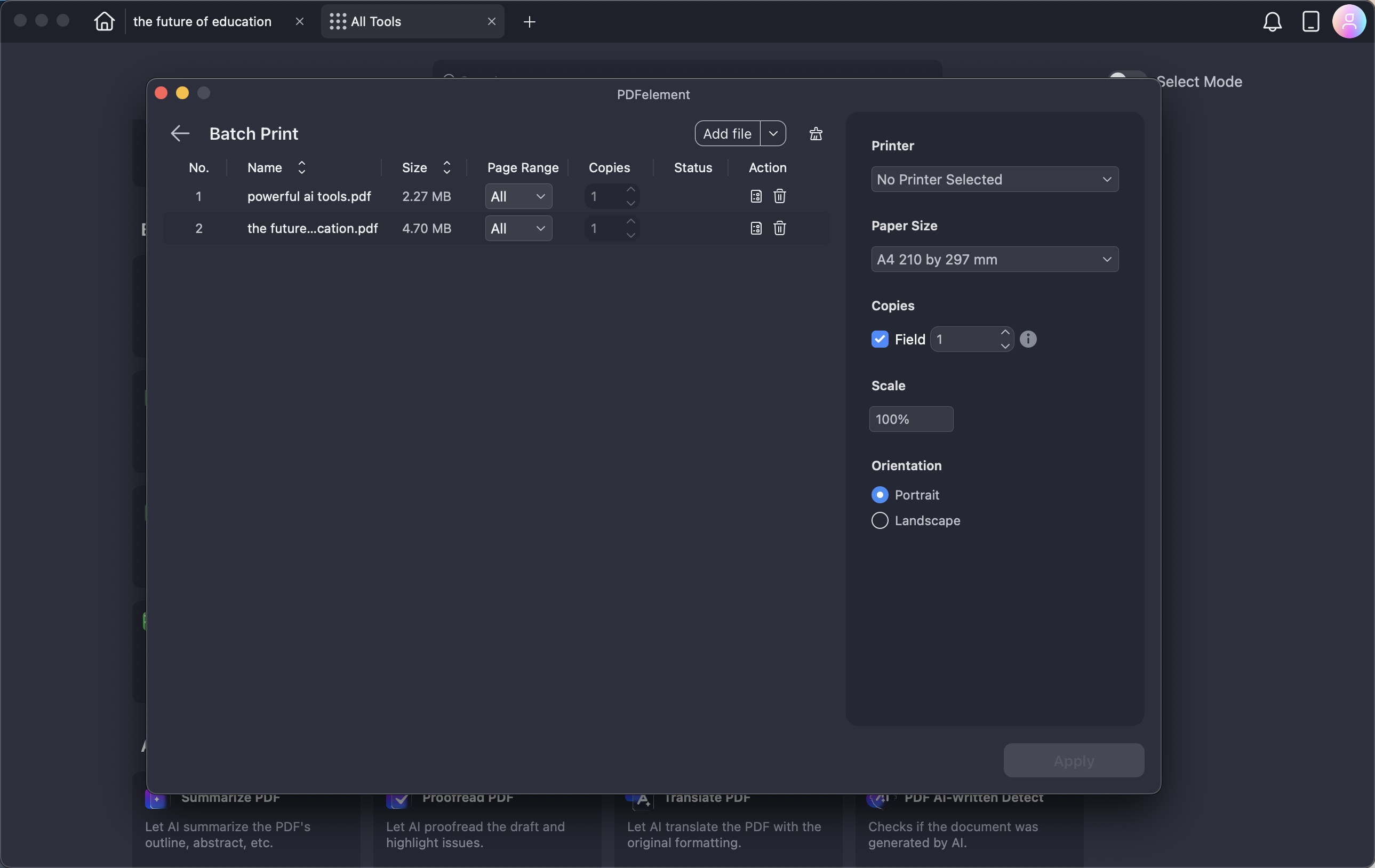 A screenshot of the print configuration dialog.