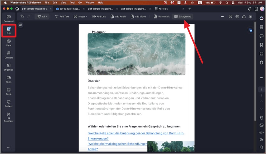 PDF background toolbar