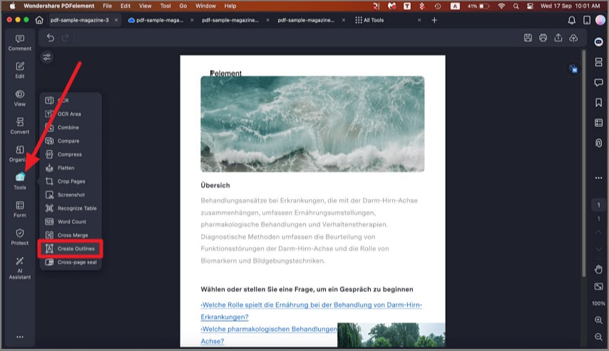 locate create outlines tool pdfelement