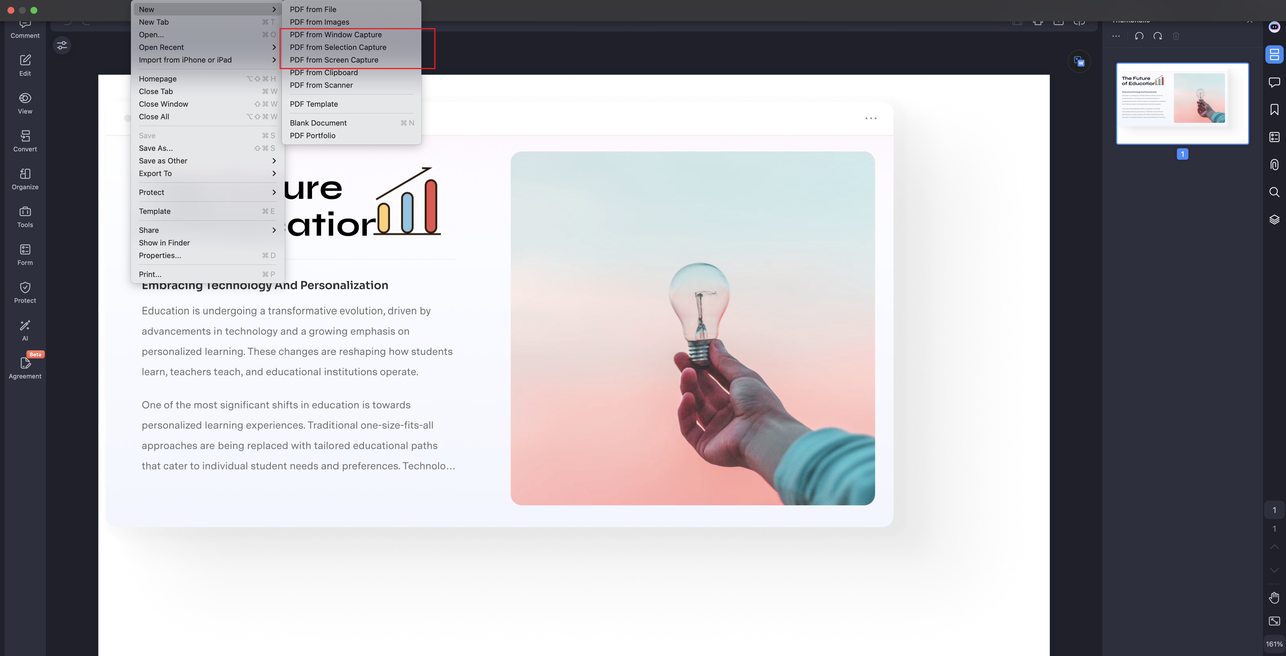 A screenshot of the application interface displaying options to create a PDF from captured content.