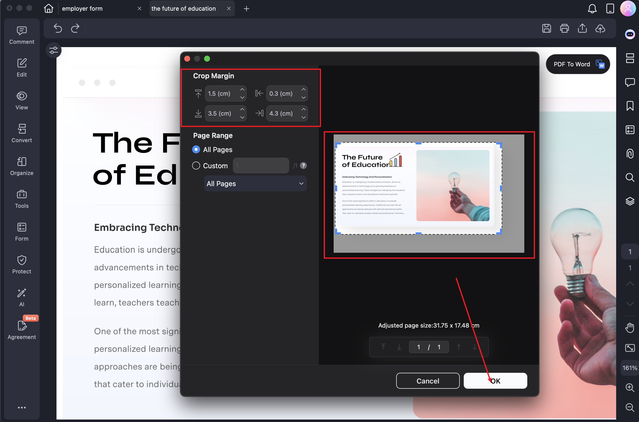 A screenshot of the crop pages tool interface.