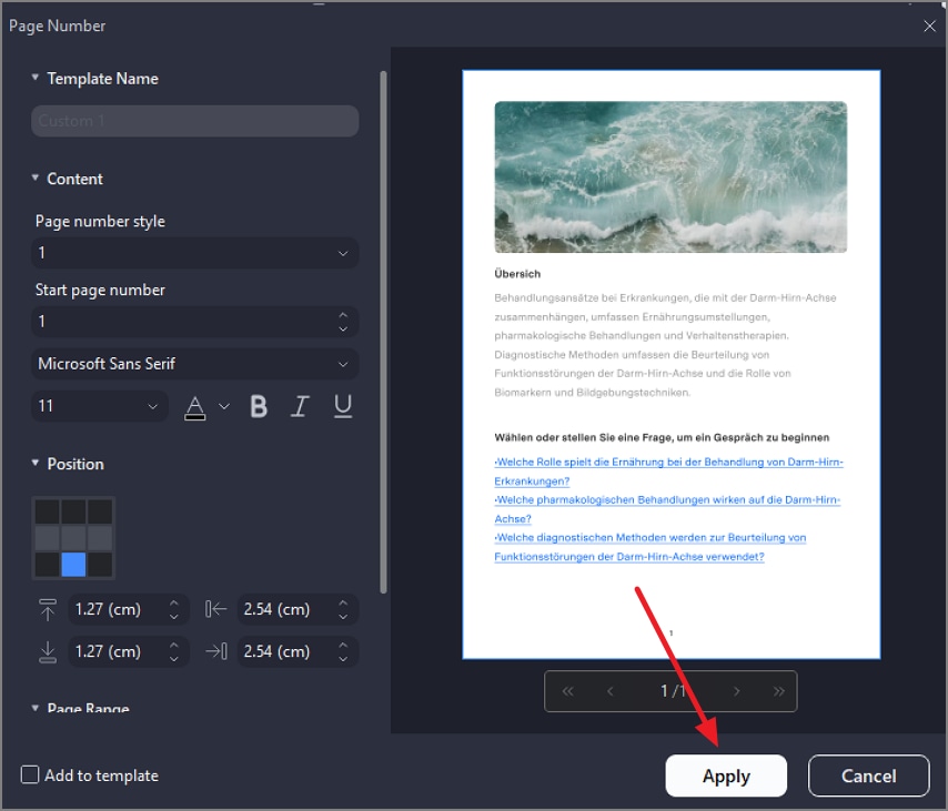 apply page number after setting