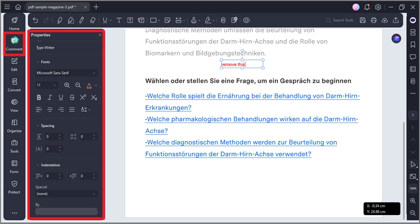 access comments and adjust properties
