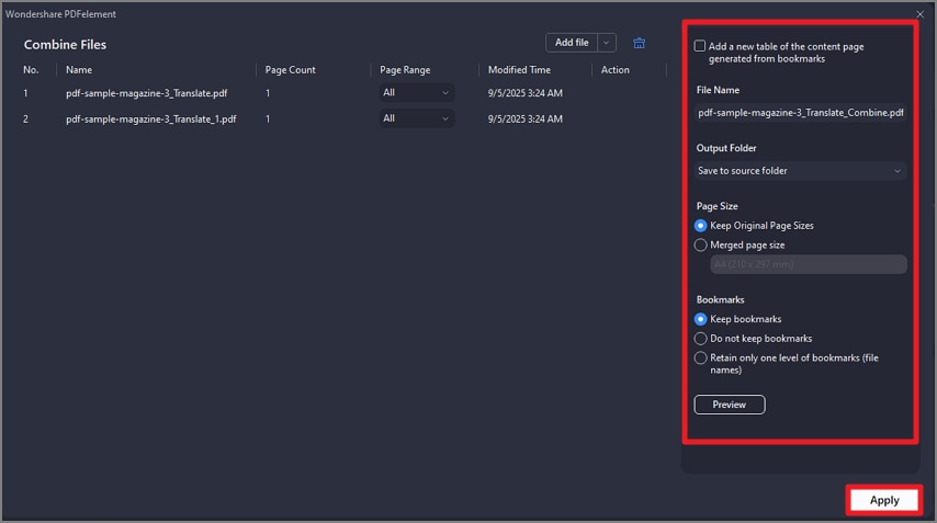 configure settings and apply