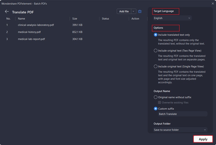 A screenshot of the batch translation interface showing an additional file added.