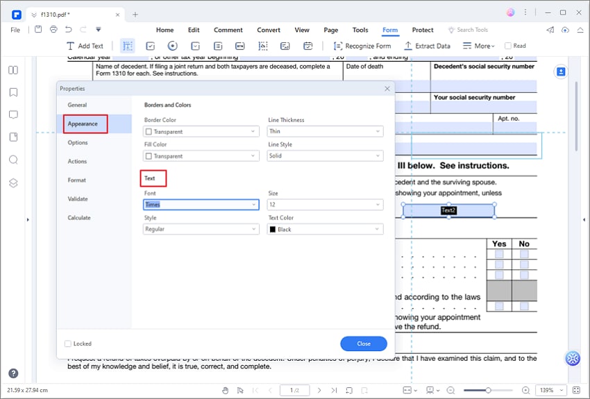 change font in fillable pdf