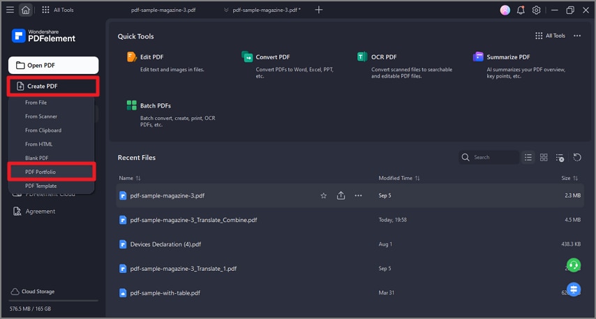 choose create from portfolio option
