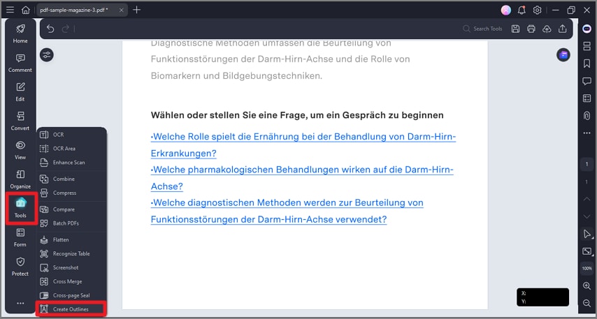 A screenshot of the tools menu highlighting the Create Outlines option.