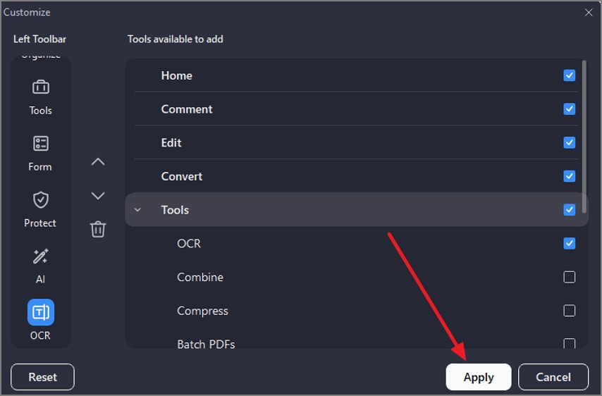 customize toolbar press apply