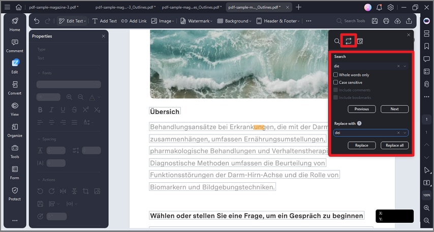 search and replace pdfelement