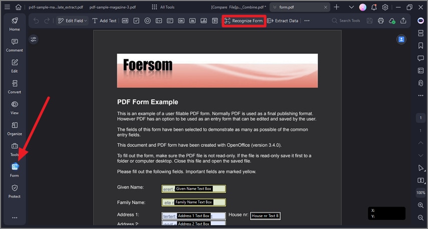 select recognize form option