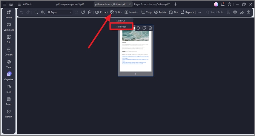 click split page after organize