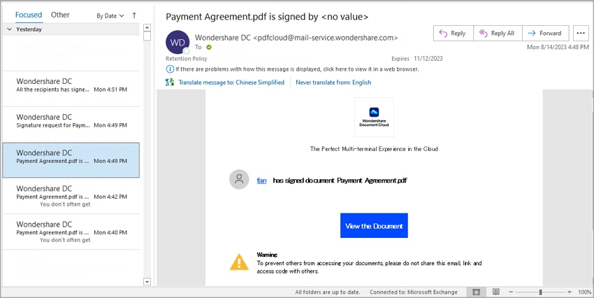 signature agreement notification