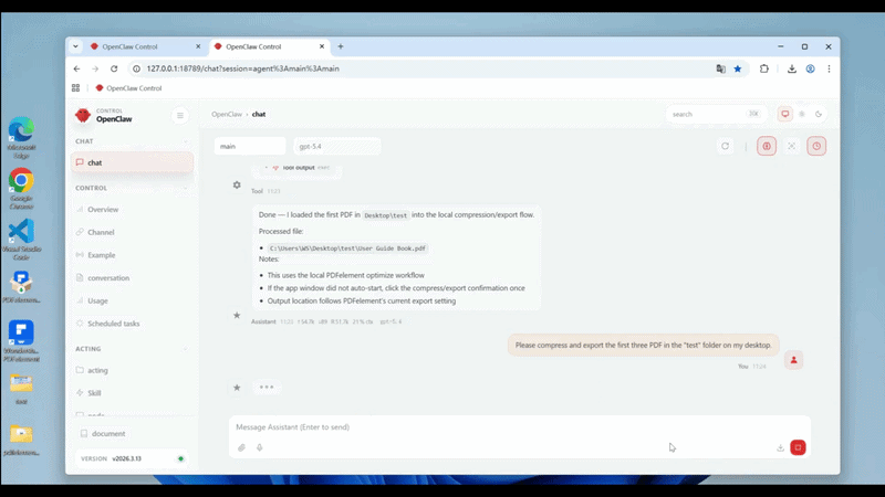 A GIF showing how to run multiple PDFelement commands in OpenClaw after installing the PDFelement Skill.