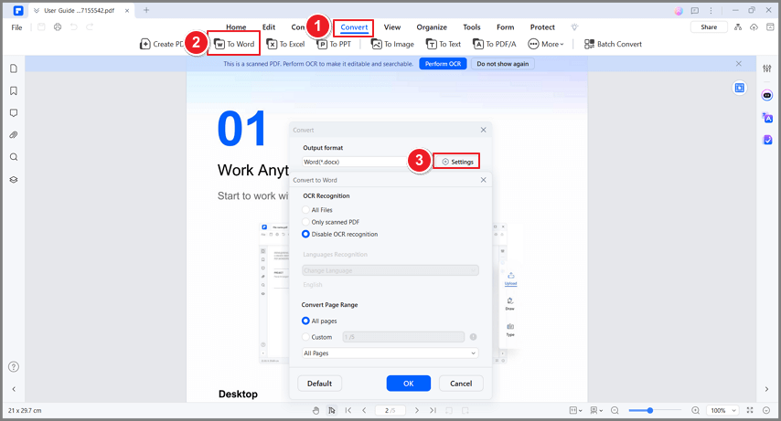 pdf convertion settings