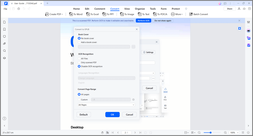 paramètres pdf vers epub 