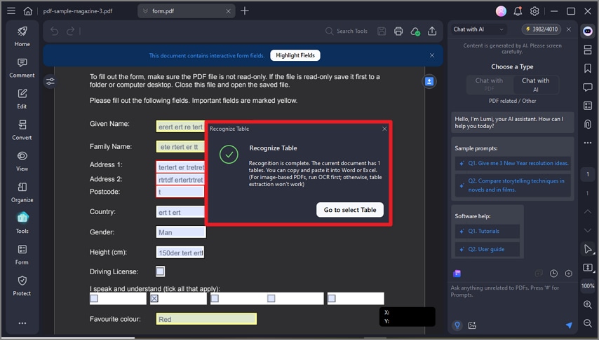 go to selected table pdfelement