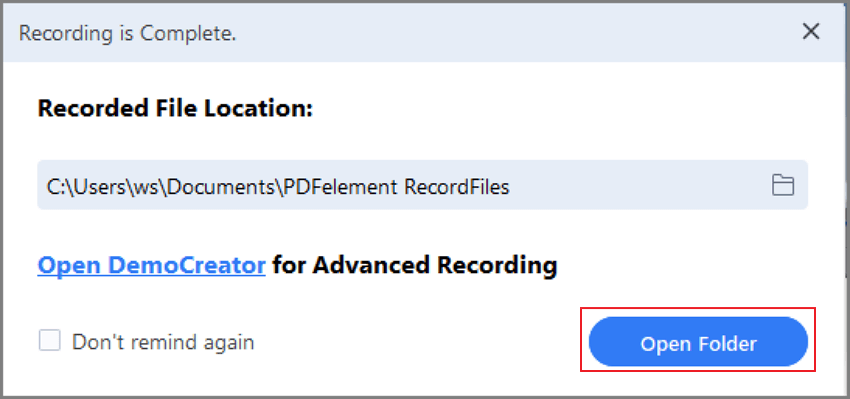 pdfelement recording is complete dialog box