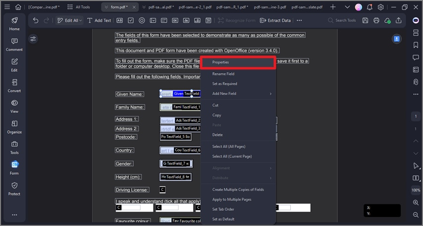access properties of form