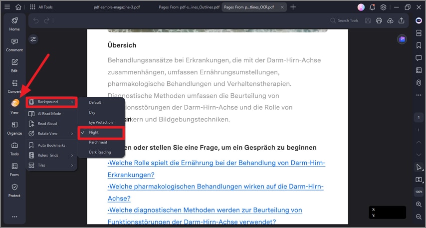 select view and enable night mode