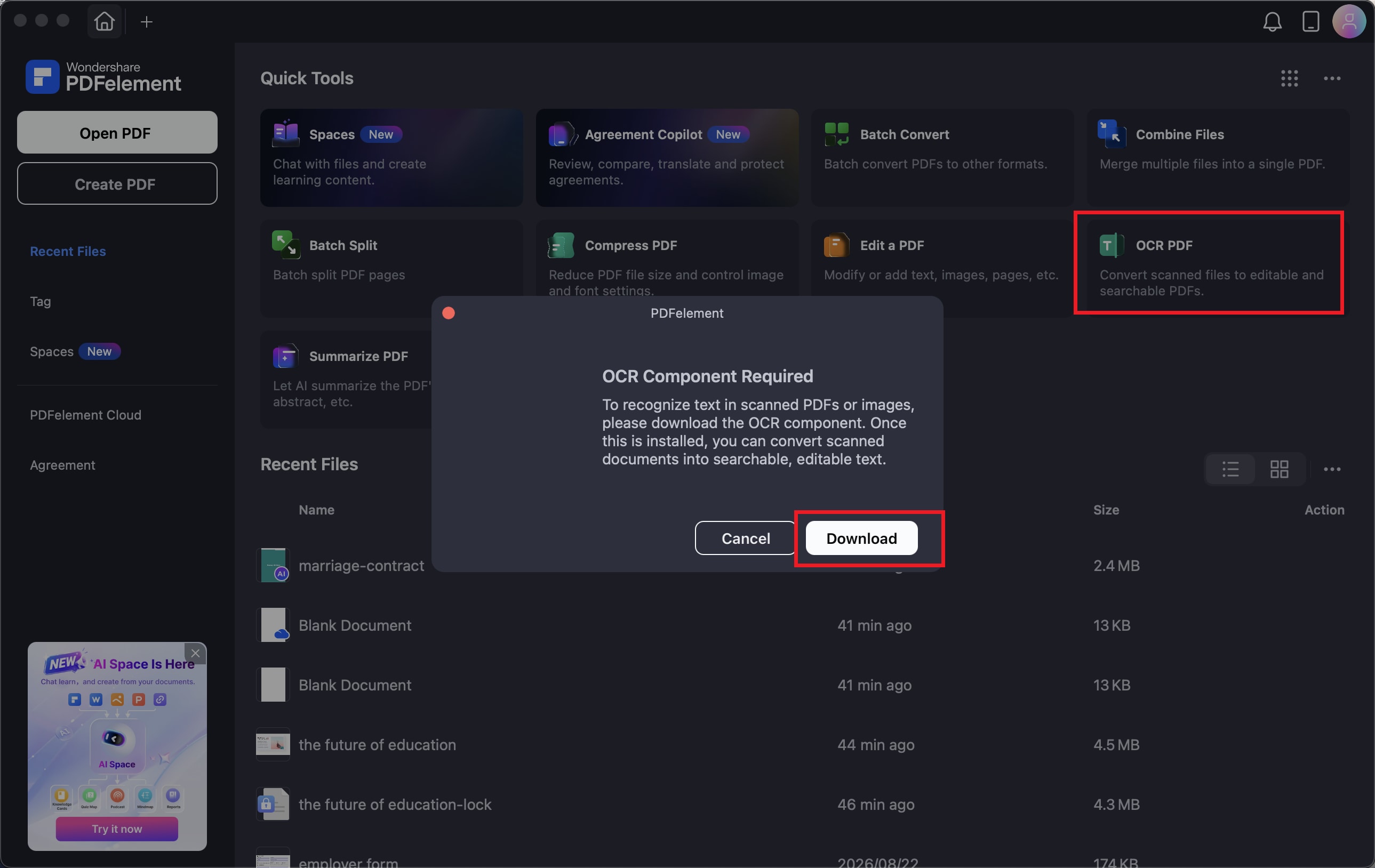 A screenshot of the OCR download interface.