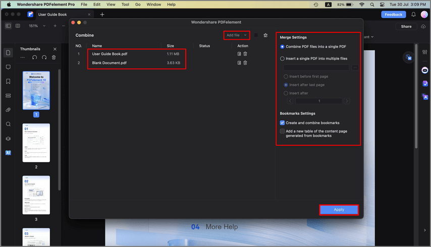 merge PDF apply