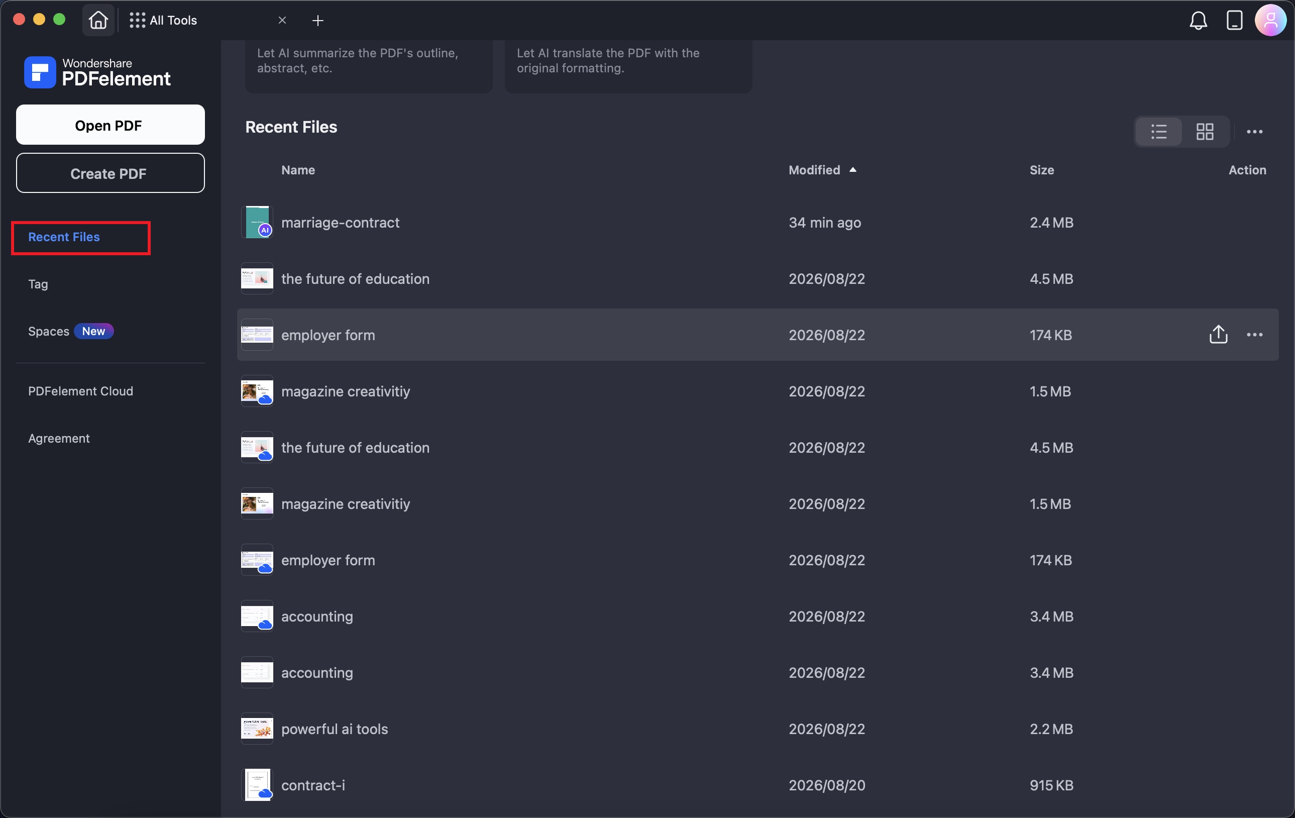 A screenshot of the recent files list displaying a PDF.