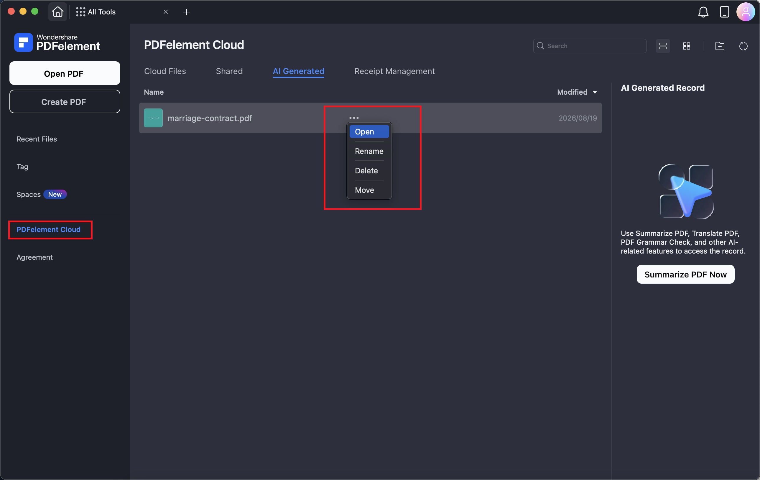 A screenshot of the cloud file browser showing a PDF selected.