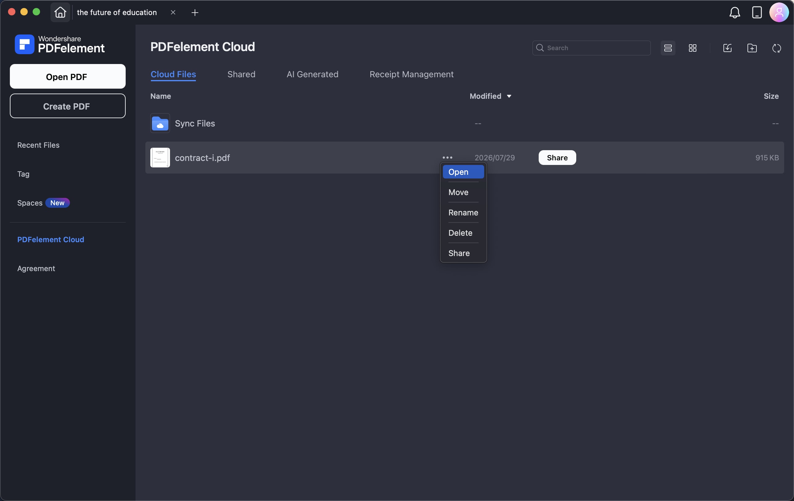 A screenshot of the open file interface displaying cloud options.