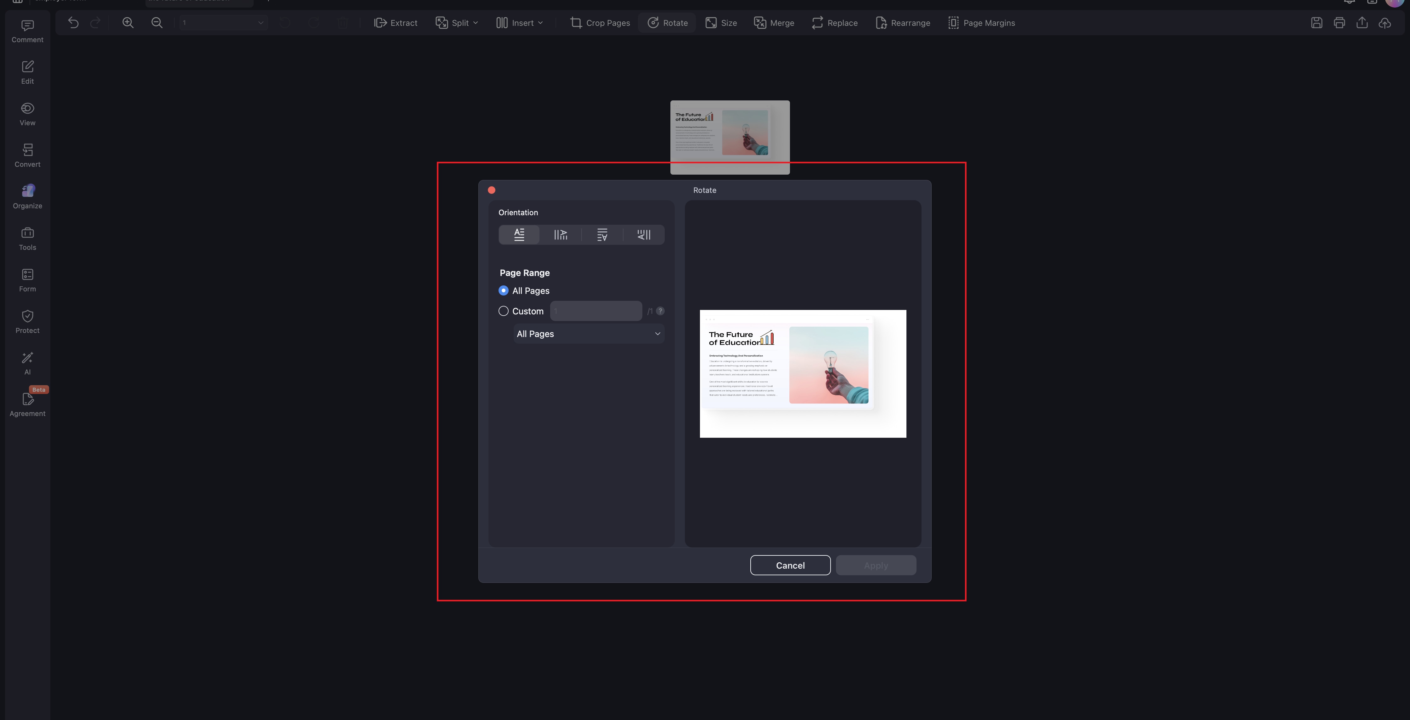A screenshot of page rotation options.