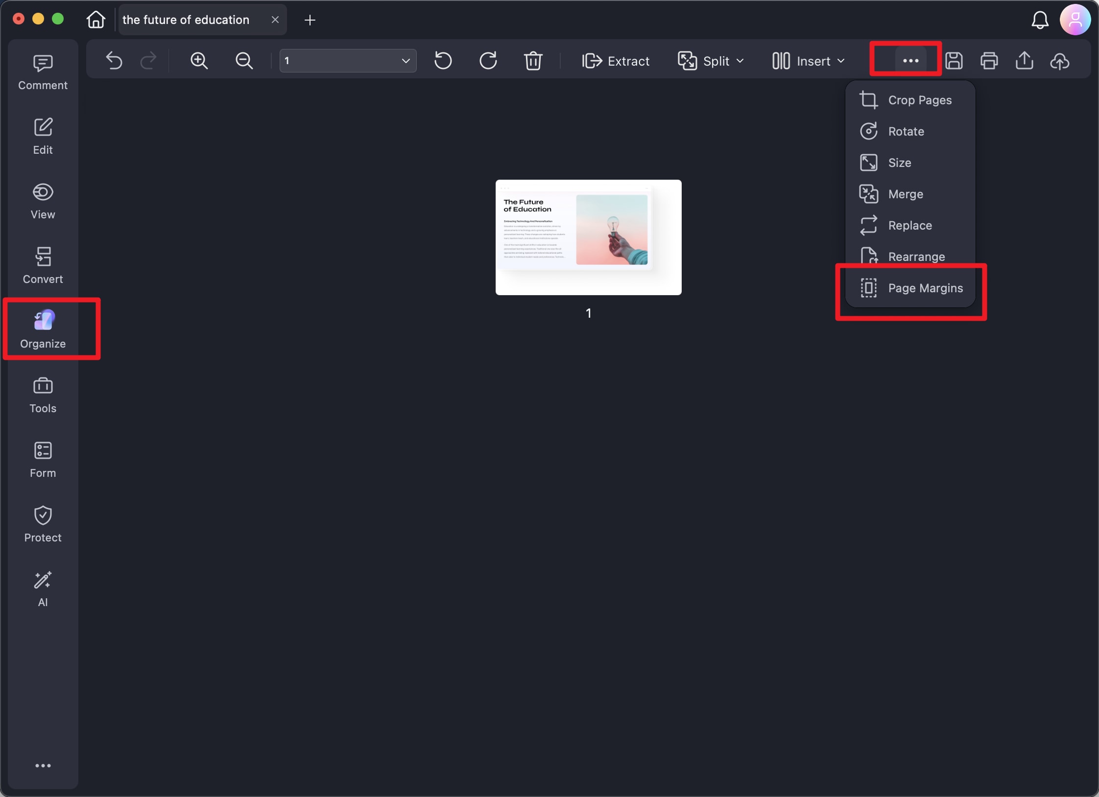A screenshot of the organize tool highlighting the page margin feature.