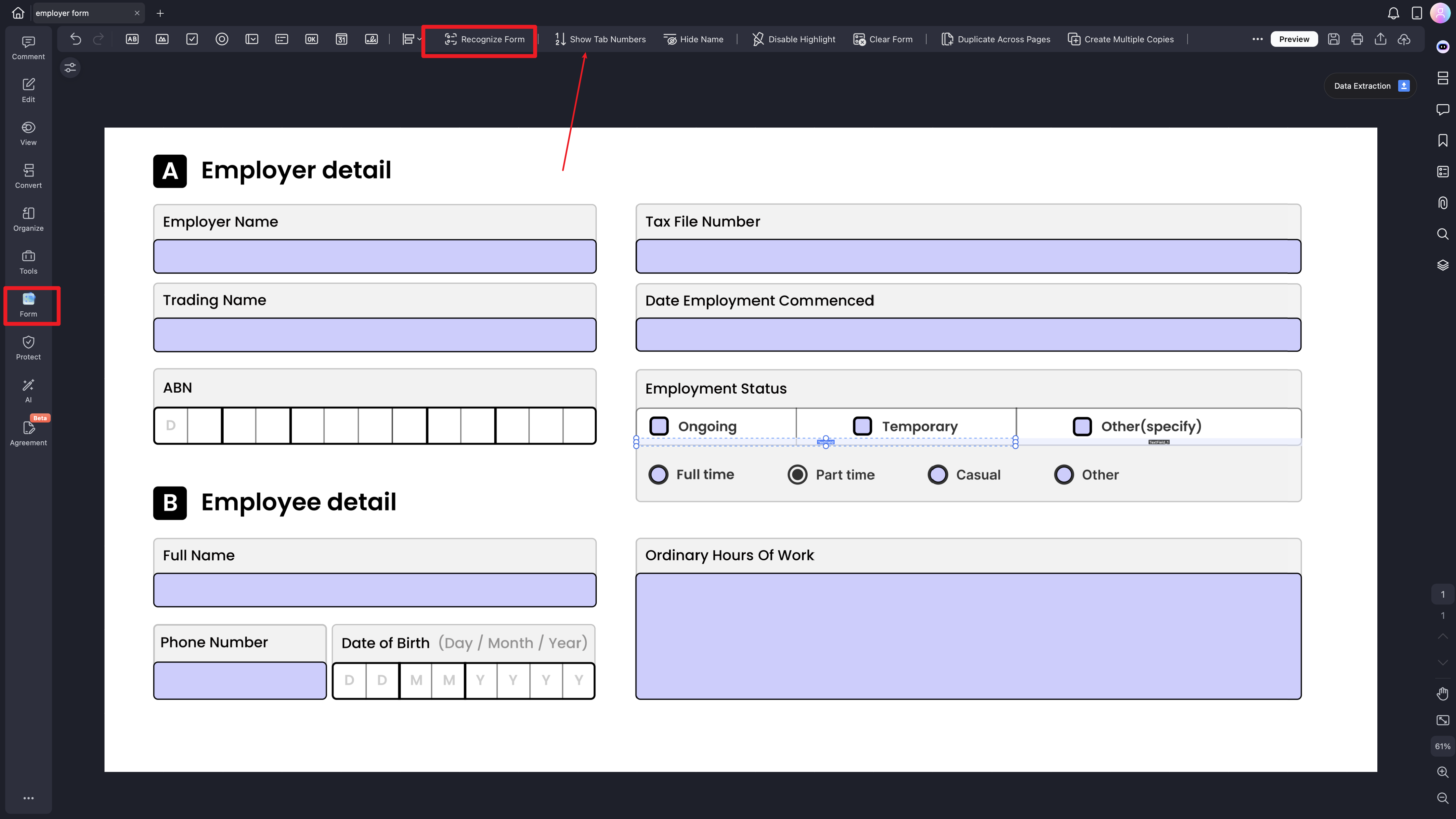 A screenshot of a form displaying tab order numbers.
