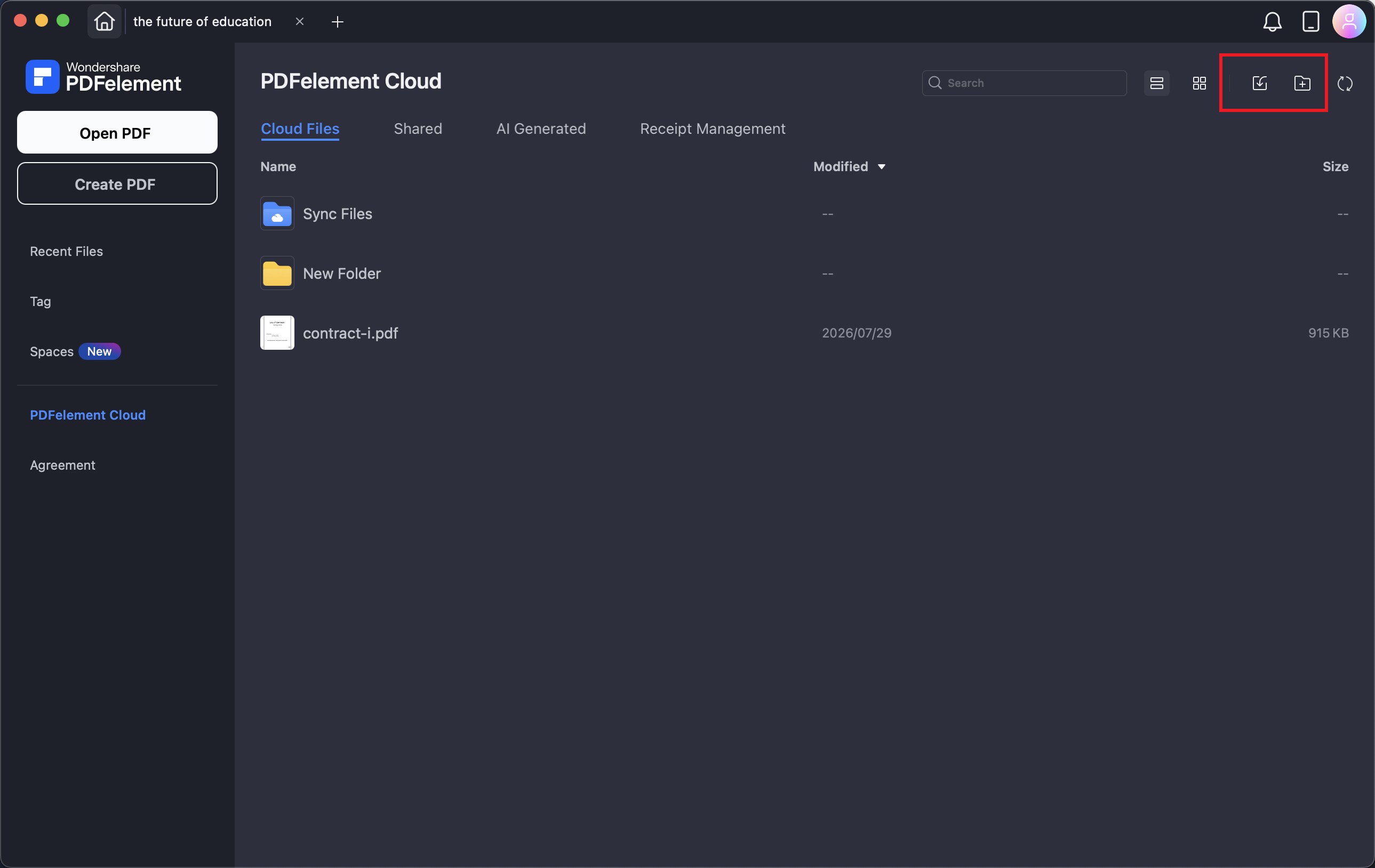 A screenshot highlighting the cloud upload button.
