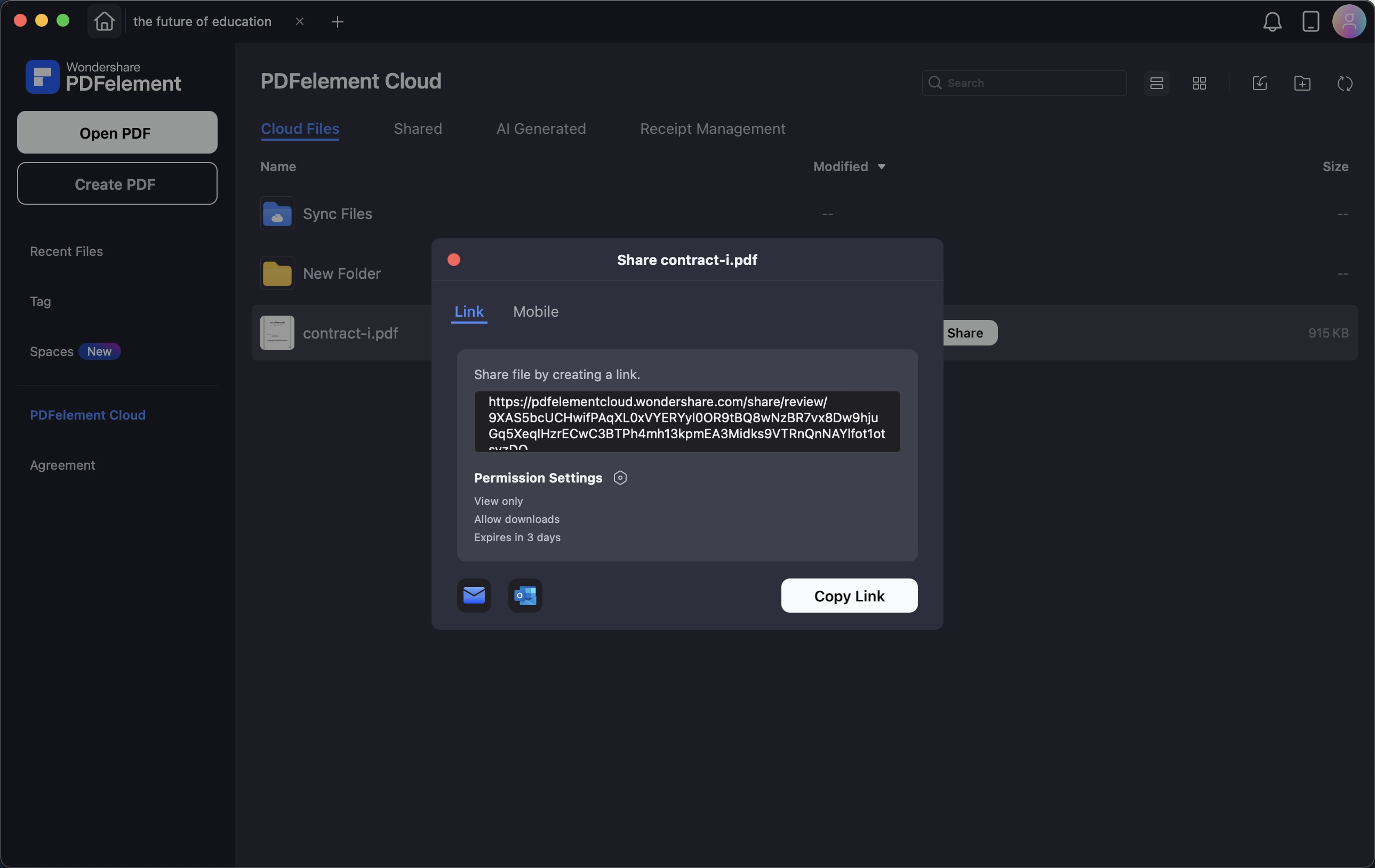 A screenshot of the sharing interface showing a generated share link.
