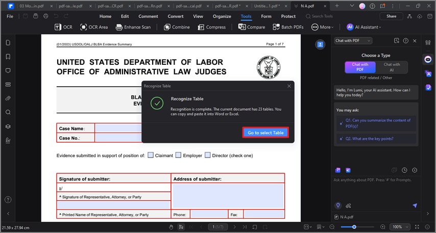 go to selected table pdfelement