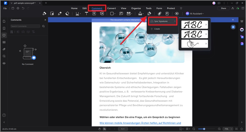 Zugriff auf das Symbol für die Signatur auf der Registerkarte Kommentar