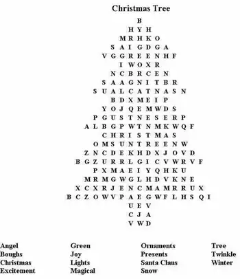 recherche de mots sur l'arbre de noël