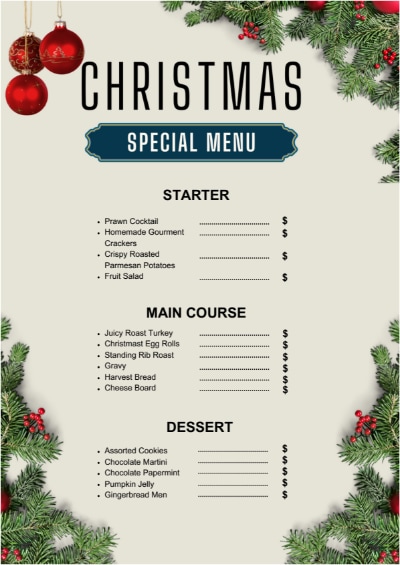 holly and berries christmas menu template