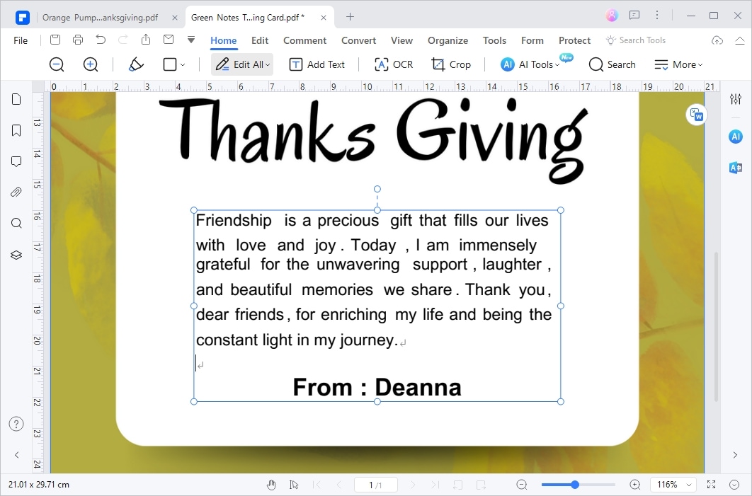 edita la plantilla del día de acción de gracias en pdfelement