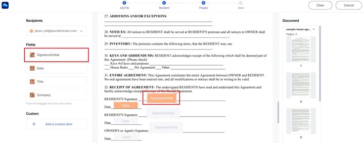 document cloud signature field