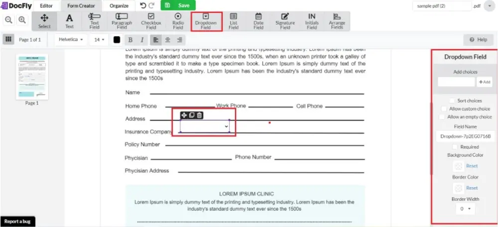 añadir cuadro desplegable con docfly