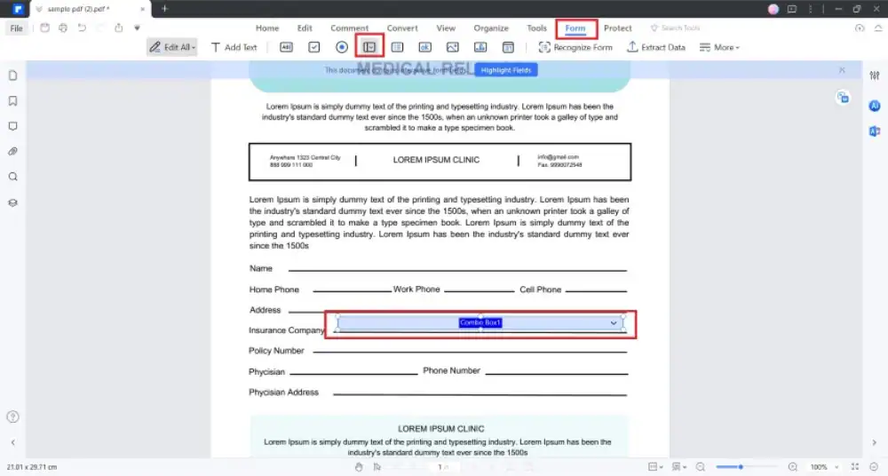 adding a dropdown using wondershare pdfelement