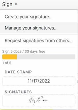 selecting the saved signature in dochub