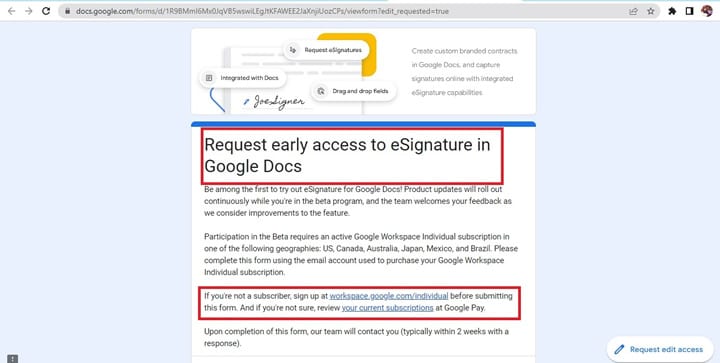 signup on googledocs signature early access