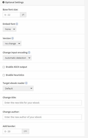 customization options on online ebook converter