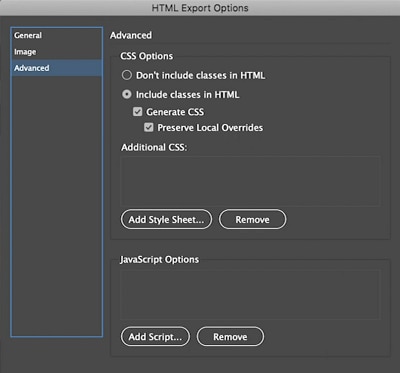 indesign to html export options