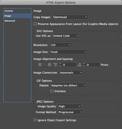 indesign to html export options