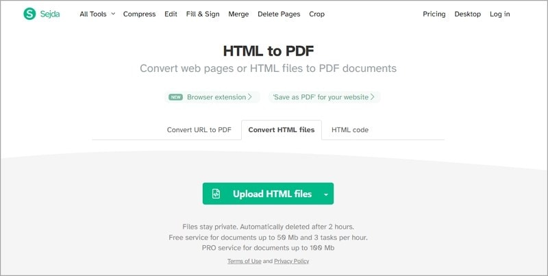 sejda online html to pdf options